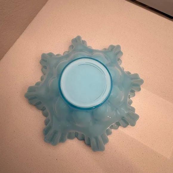 Vintage Bride's Basket Blue Fenton Ruffled Edges Bowl with Metal Holder - Picture 12 of 17